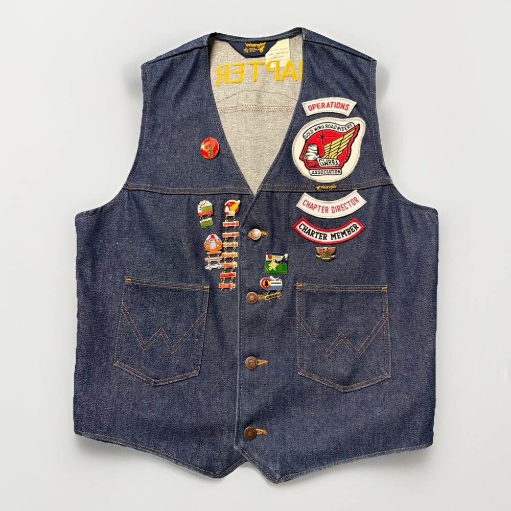 Vintage 70s Custom Denim Wrangler Biker Vest L Patches Pins GWRRA Made In USA - Picture 1 of 6